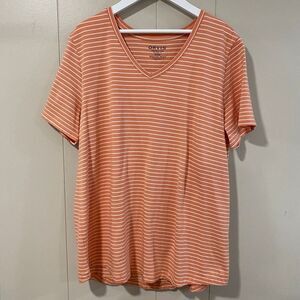 Orvis Perfect Tee Orange White Striped V-Neck Shirt Women’s Medium